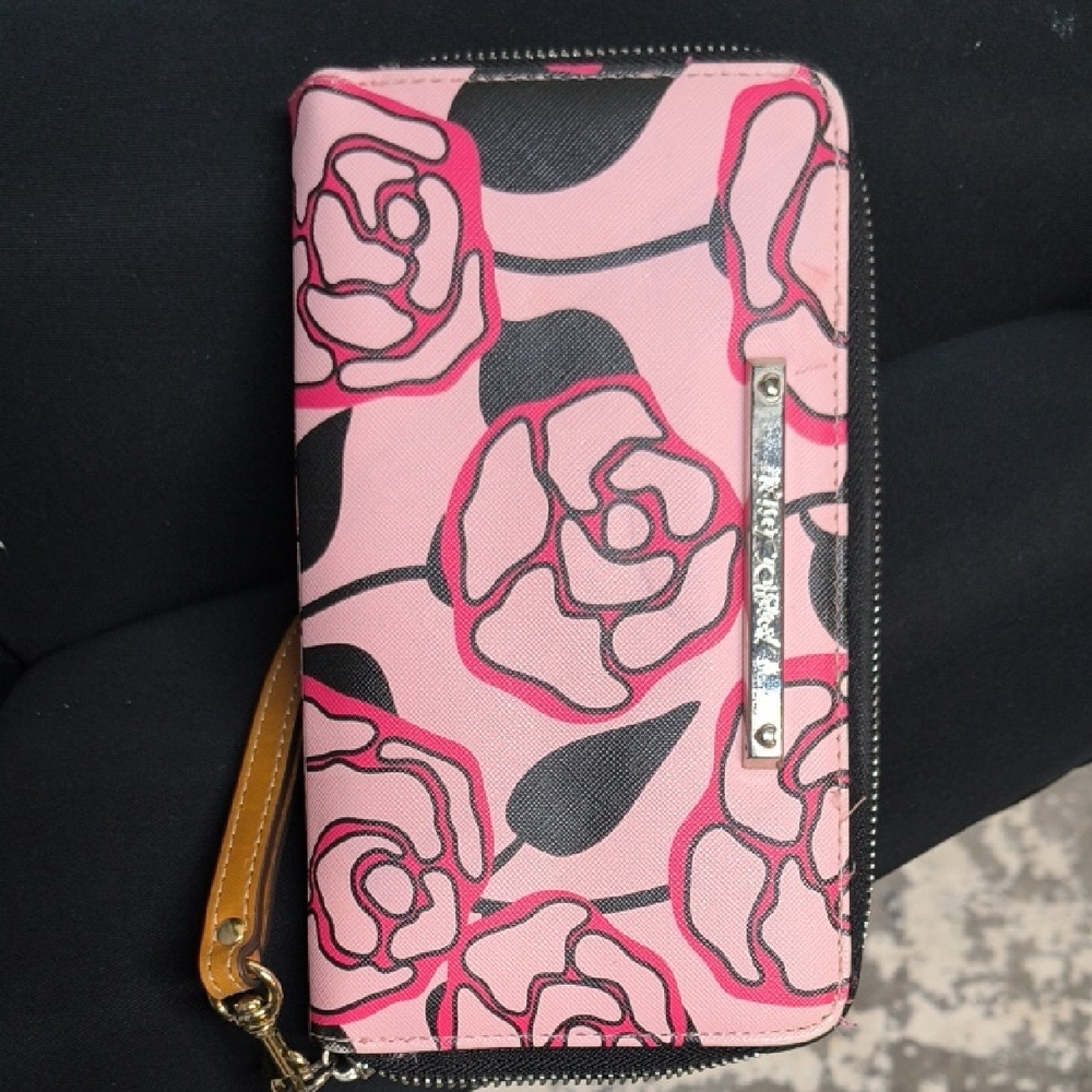 Betsey Johnson Pink Floral Zip-Around Wallet with Tan Wristlet